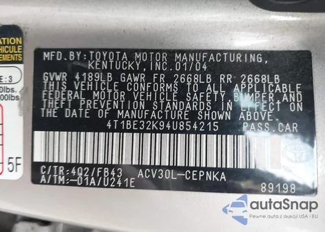 2004 Toyota Camry Le z USA, uszkodzony, nr VIN 4T1BE32K94U854215